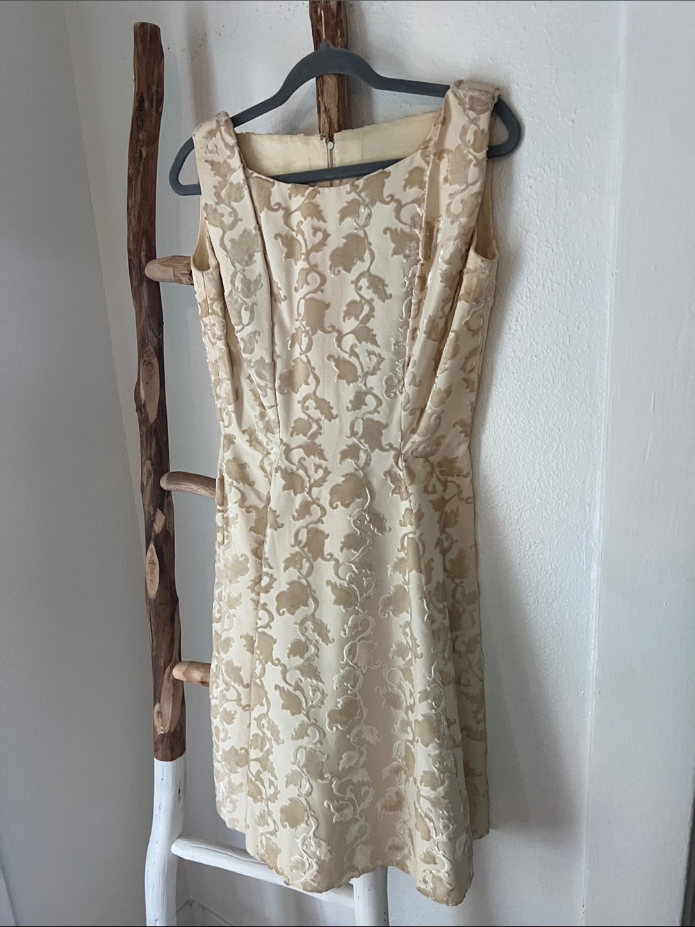 Vintage 1940s 50s Cream Velvet Brocade Sleeveless A-Line Mini Bridal Dress Small - Picture 10 of 10